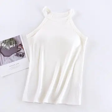 Basic Round Neck Halter Rib Knit Built-in Bra Tank Top