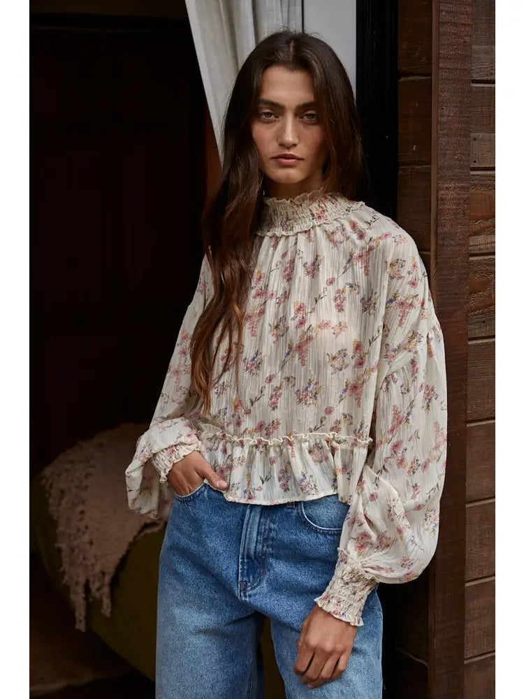 Woven Floral Print See Through Mock Neck Blouse
