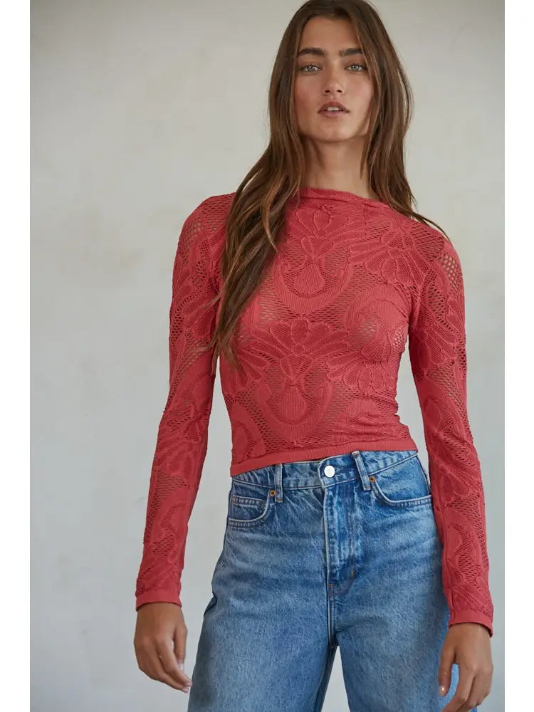 Knit Seamless Jacquard Mock Neck Long Sleeve Top