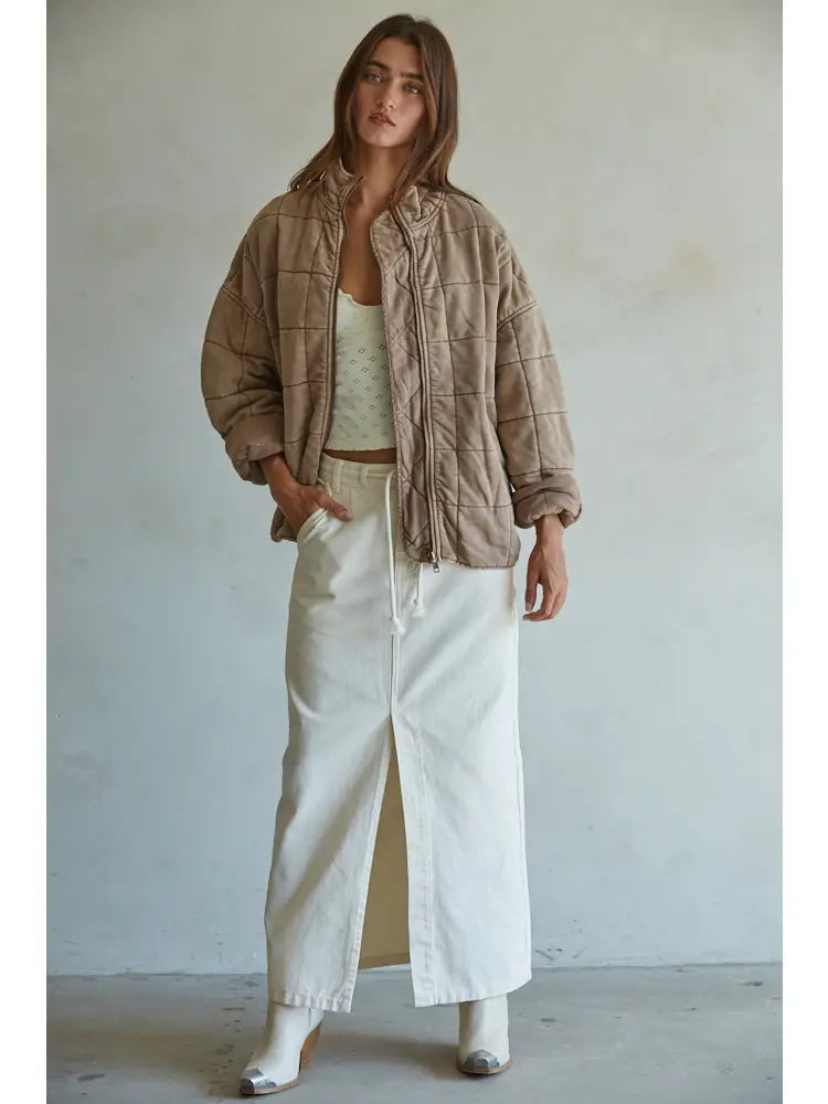 Long Sleeve Quilted Knit Mineral Washed Jacket