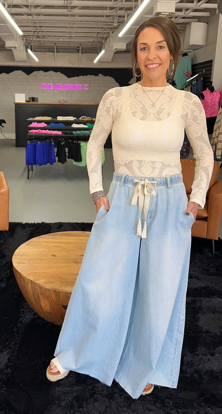 Denim Drawstring Waist Band Wide Leg Pants