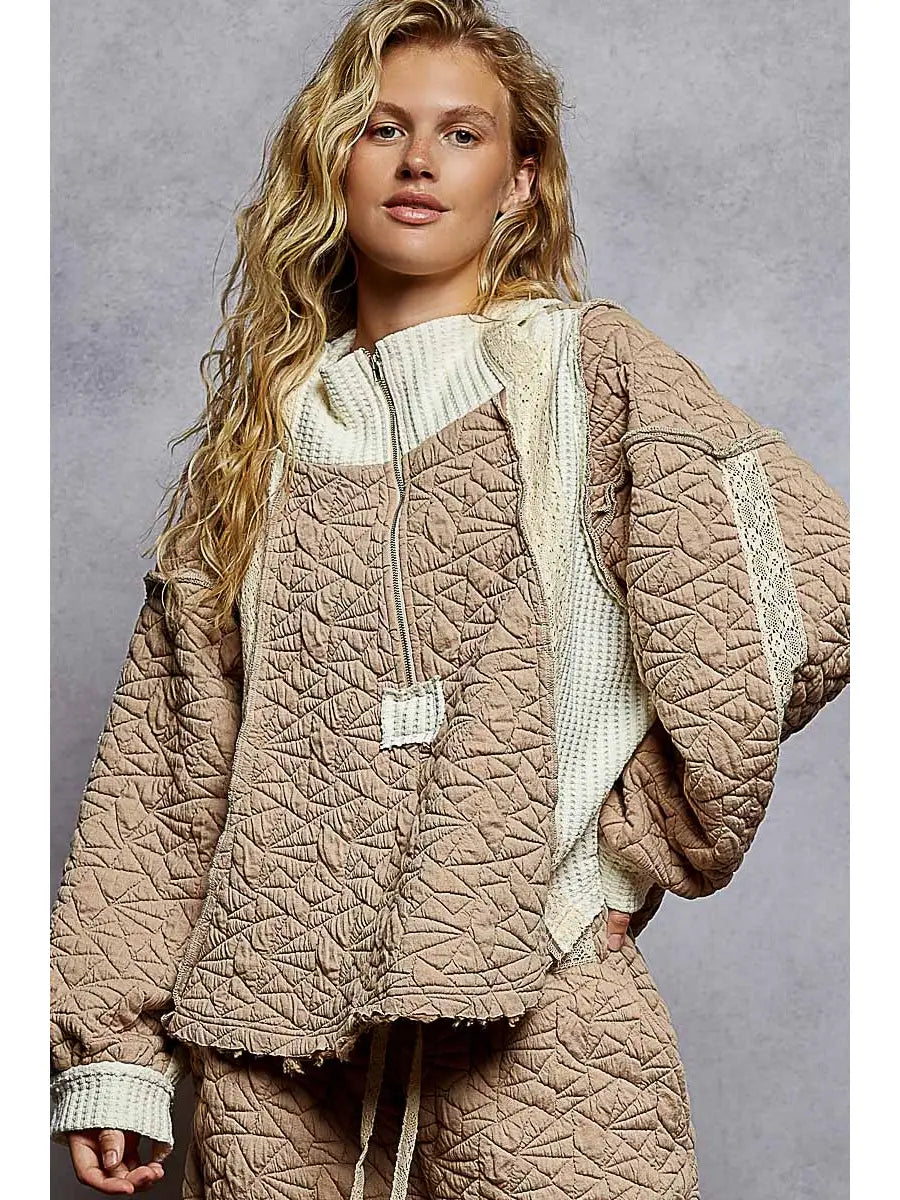 Long Sleeve Solid Stitch Edge Quilted Woven Hoodie Top