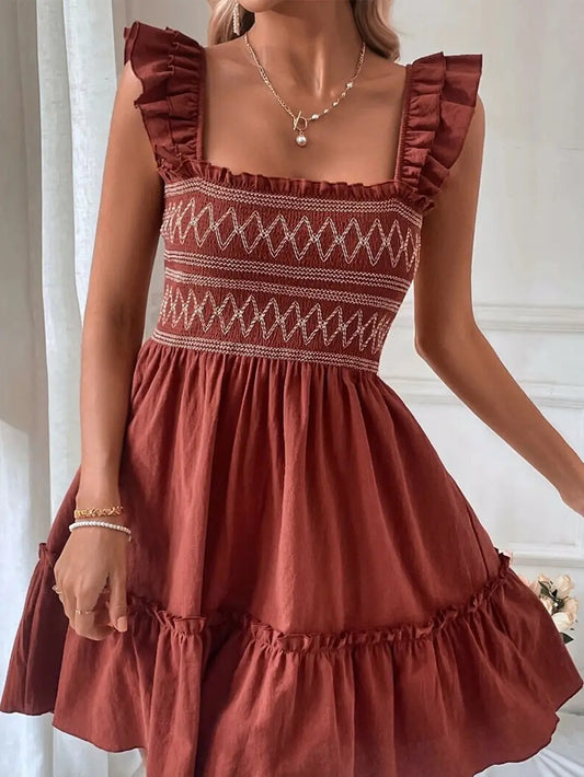 Stitch Shirred Bodice Ruffled Trim Sleeveless Mini Dress