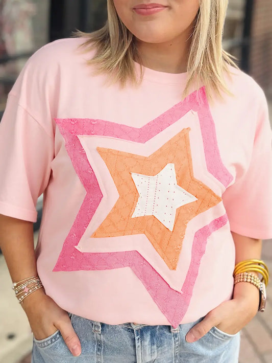 Eyelet Lace Star Applique Plus Size T Shirt