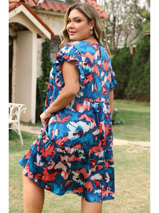 Plus Size Abstract Ruffle Sleeve Summer Dress