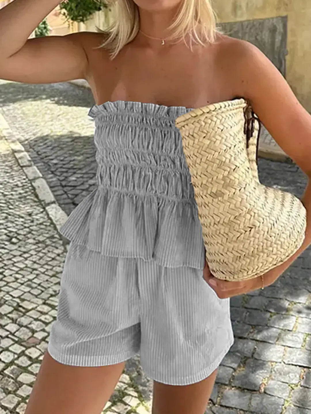Casual Strapless Lace Splicing Short Pants Two-Piece Set