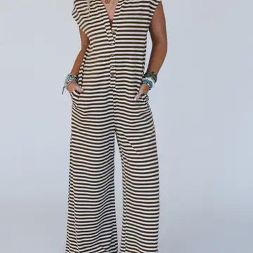 Comfy Striped Button Front Jumpsuit with Pockets