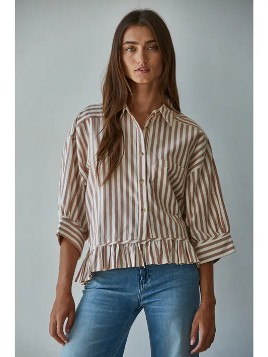 Woven Cotton Striped Button Down Shirt Top