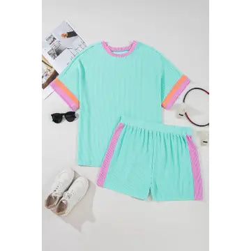 Plus Size Colorblock Corded Tee and Shorts Set