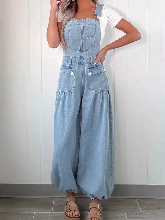 Wide-Leg Denim Overall Jumpsuit