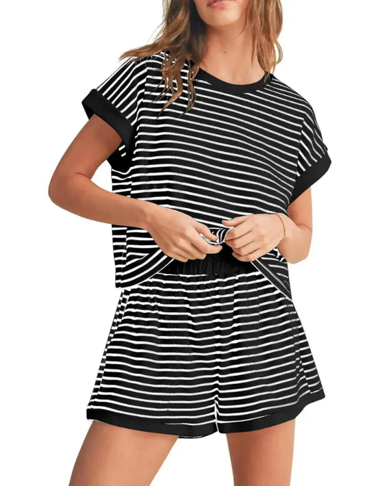 Stripe Short Sleeve Boxy T-Shirt & Short Casual Set