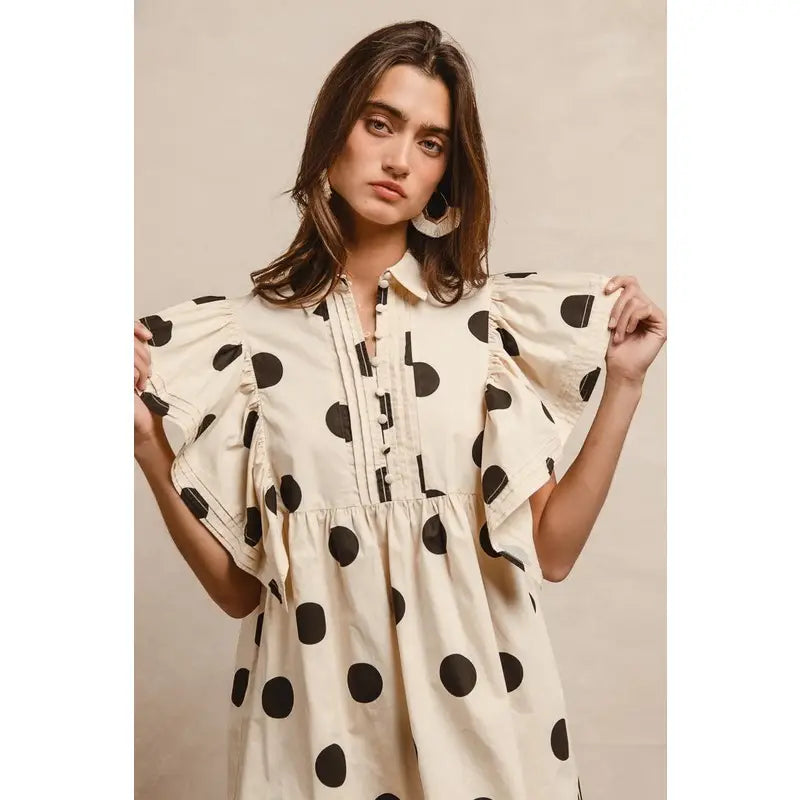 Dot Print Woven Ruffled Sleeves Button Up Dress