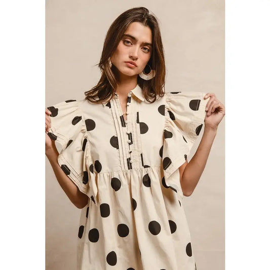 Dot Print Woven Ruffled Sleeves Button Up Dress