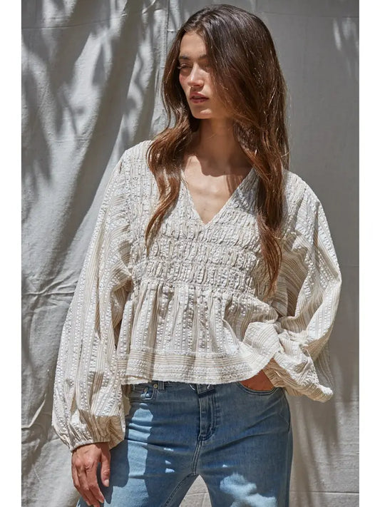 Woven Striped Collared Scoop Neck Smocked Top