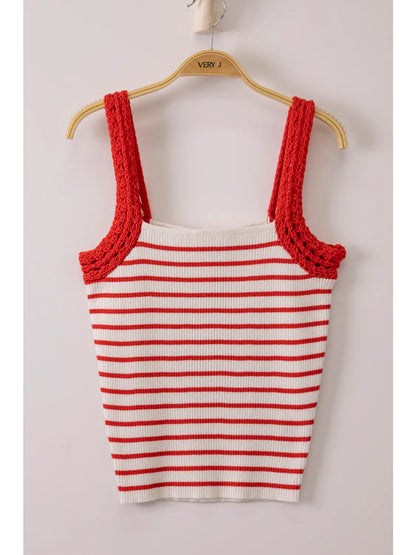 Crochet Sleeve Striped Knit Tank Top