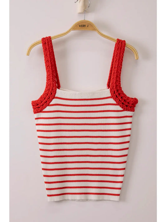 Crochet Sleeve Striped Knit Tank Top
