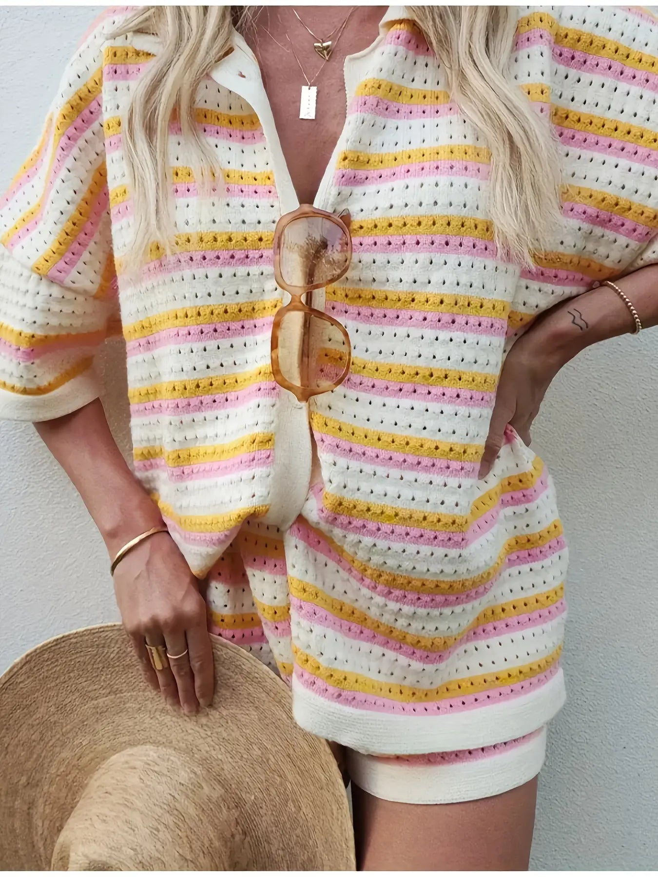 Colorblocked Lapel Stripe Short Sleeve Shorts Set