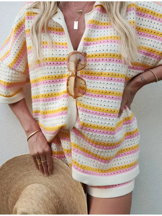 Colorblocked Lapel Stripe Short Sleeve Shorts Set