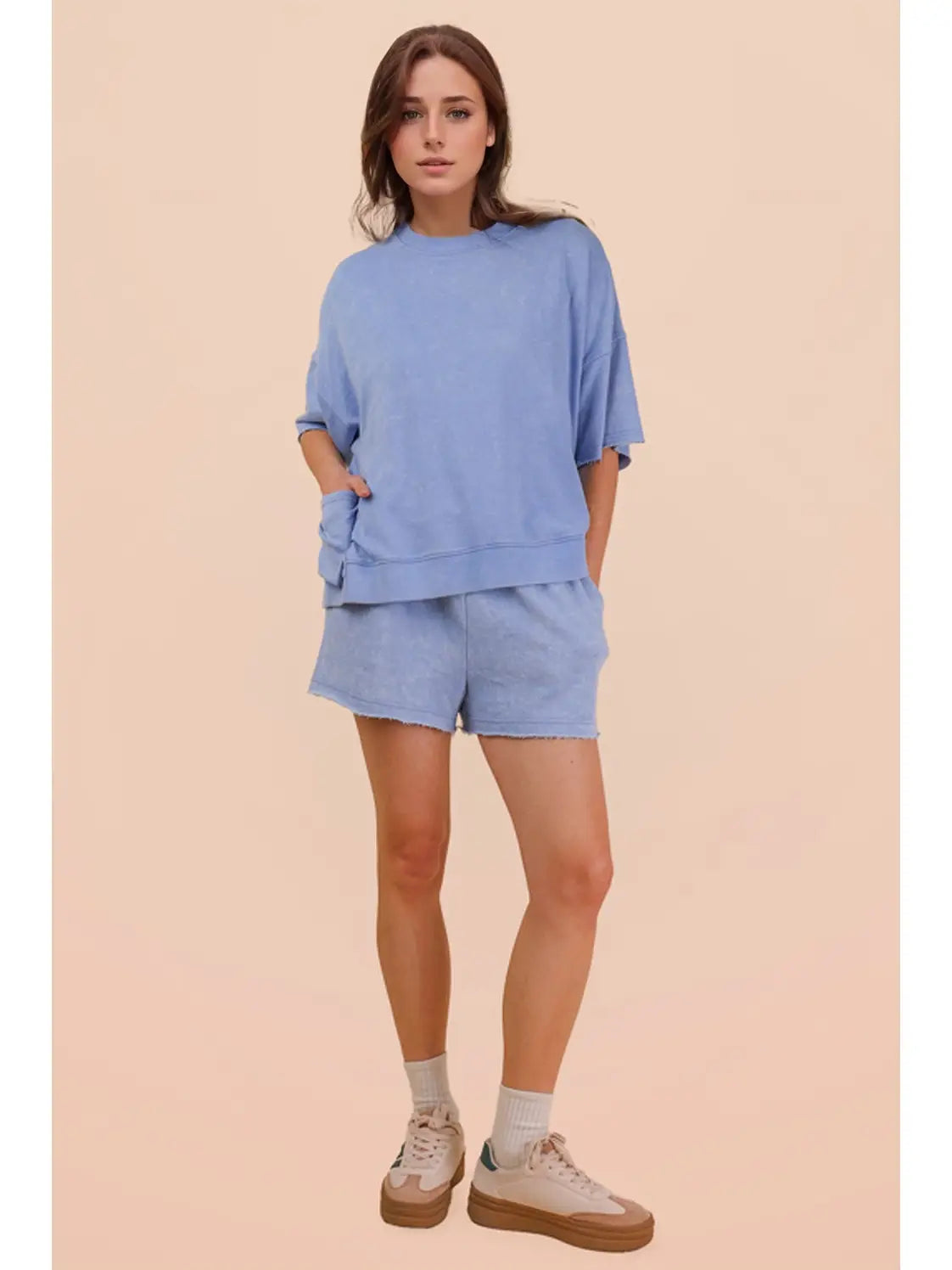 Mineral Washed Knit Casual Top & Short Set