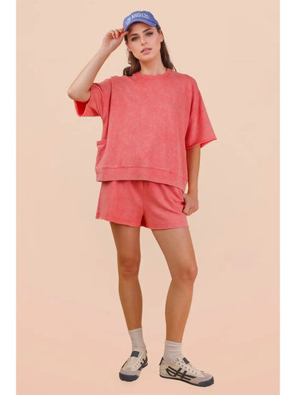 Mineral Washed Knit Casual Top & Short Set