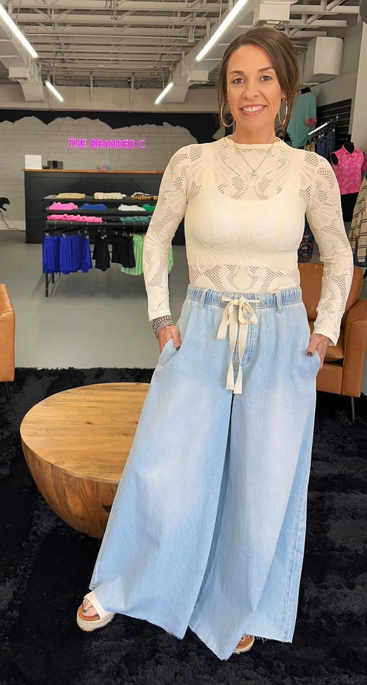 Denim Drawstring Waist Band Wide Leg Pants