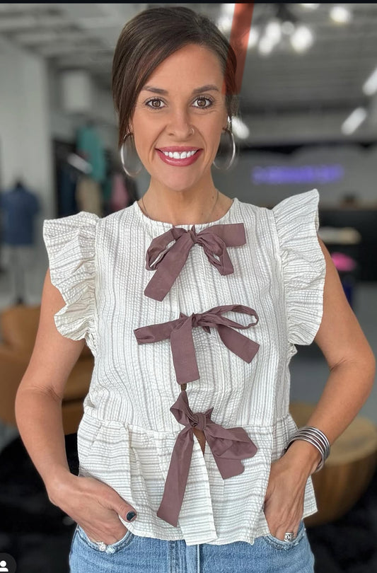 Striped with Tie Front Ruffle Sleeveless Blouse
