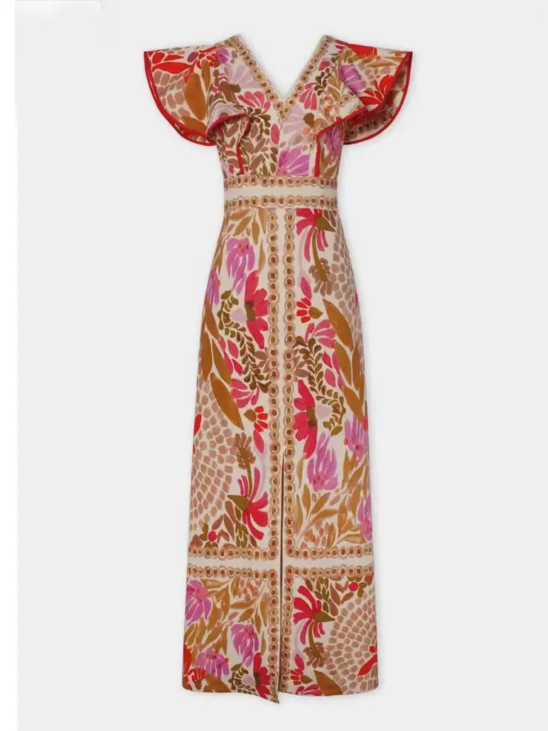 Stylish Ruffled Split Positional Print Backless Dress