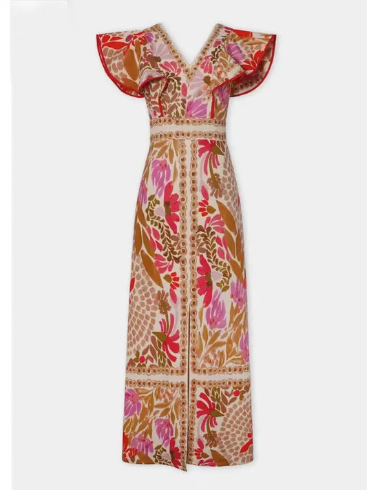 Stylish Ruffled Split Positional Print Backless Dress