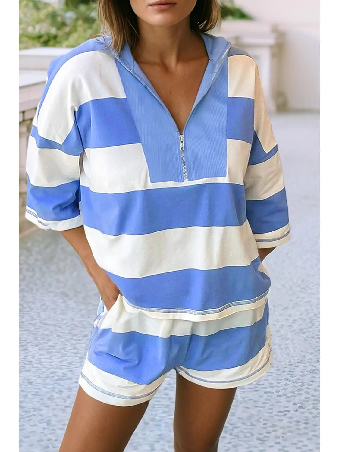 Half Zip Oversize Tee Casual Short Set