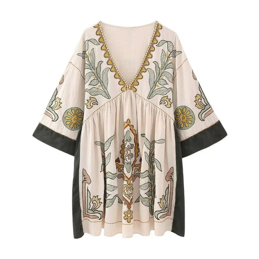 V-Neck Loose Embroidered Dress