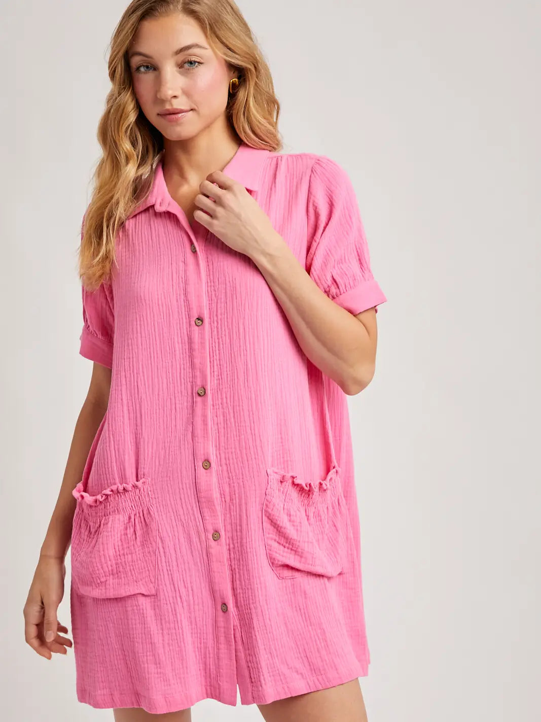 Ruffled Pocket Button Down Shirt Dress