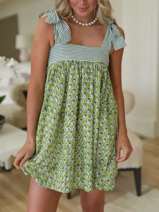 Odette Floral Sleeveless Tie Shoulder Straps Mini Dress