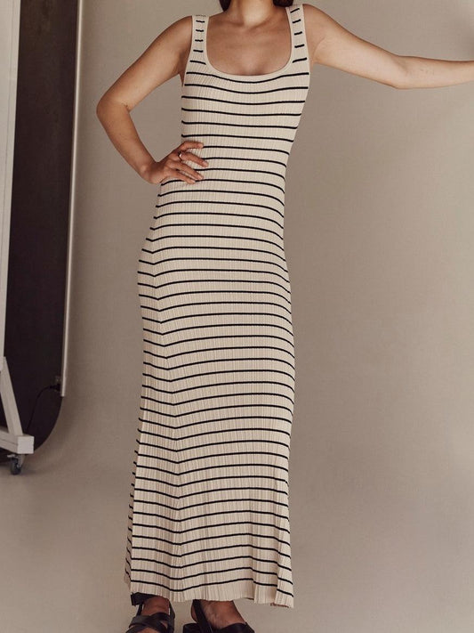 Ladies Stripe Strap Shoulder Midi Dress