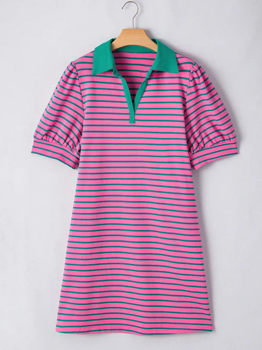 Collared V Neck Puff Sleeve Shift T Shirt Dress with Pockets