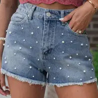 Pearl Beaded Raw Hem Medium Wash Denim Shorts